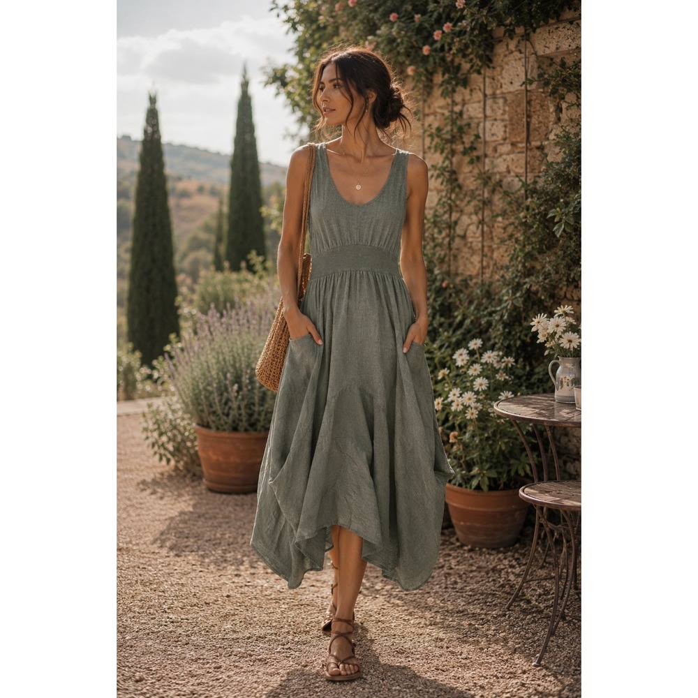 Inizio Linen MAGIC Midi Dress Women L Olive Lagenlook Balloon Hem Made in Italy